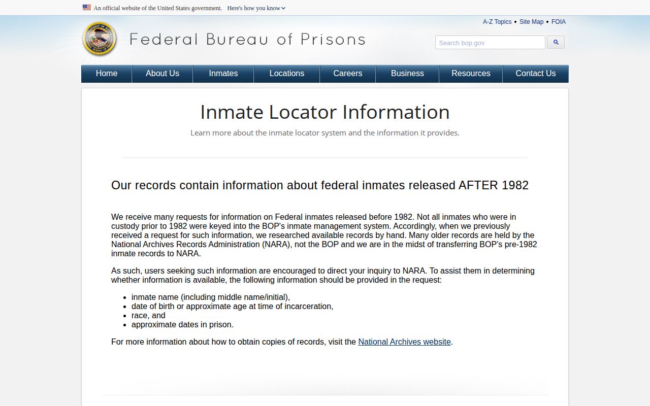 BOP federal released record explanation for Marshall County searches