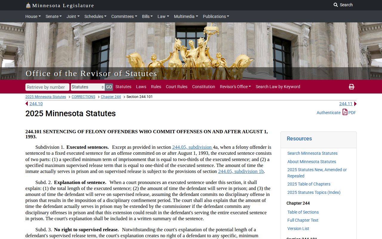 Marshall County projected release date Minnesota sentence statute